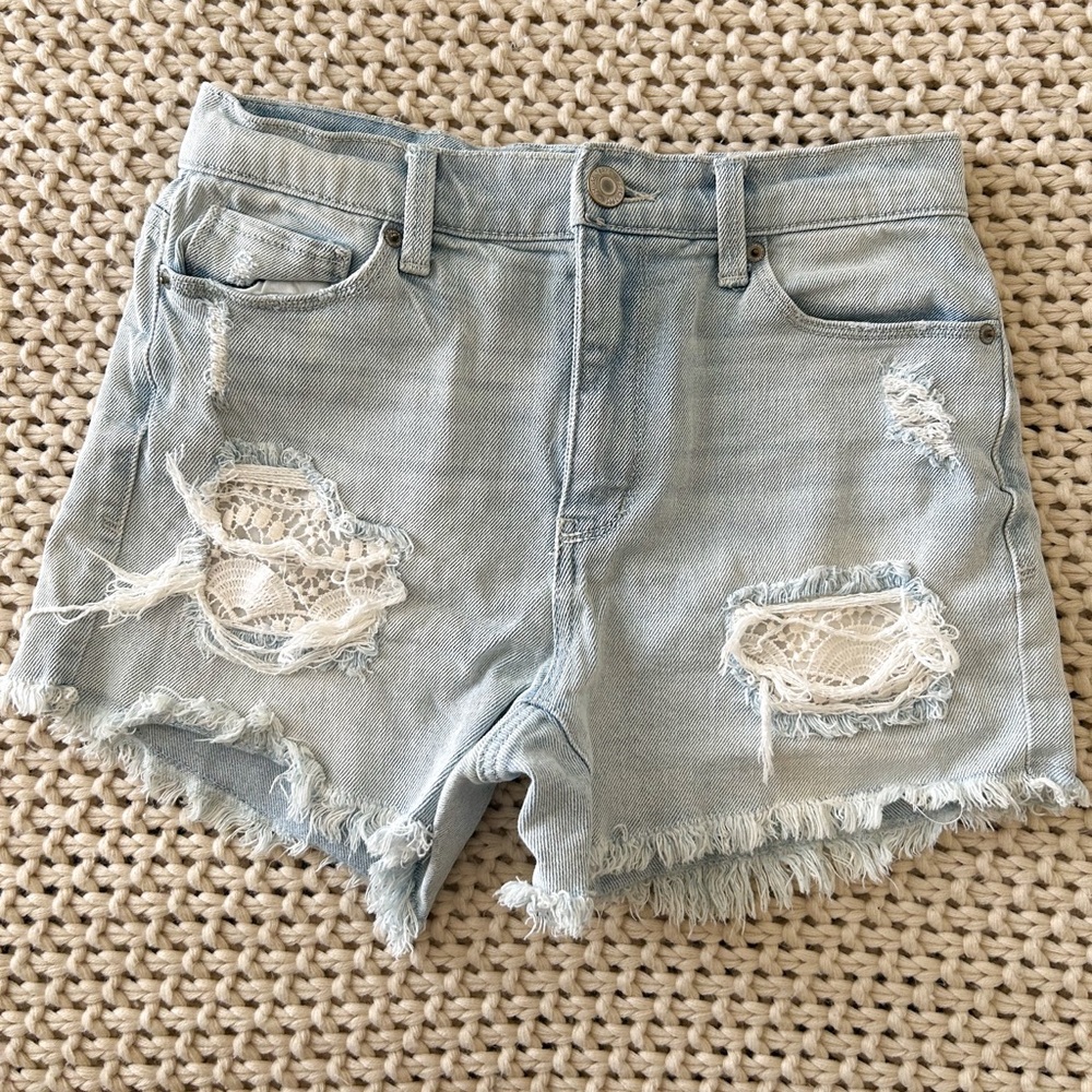 Light Wash Distressed Lace Denim Shorts